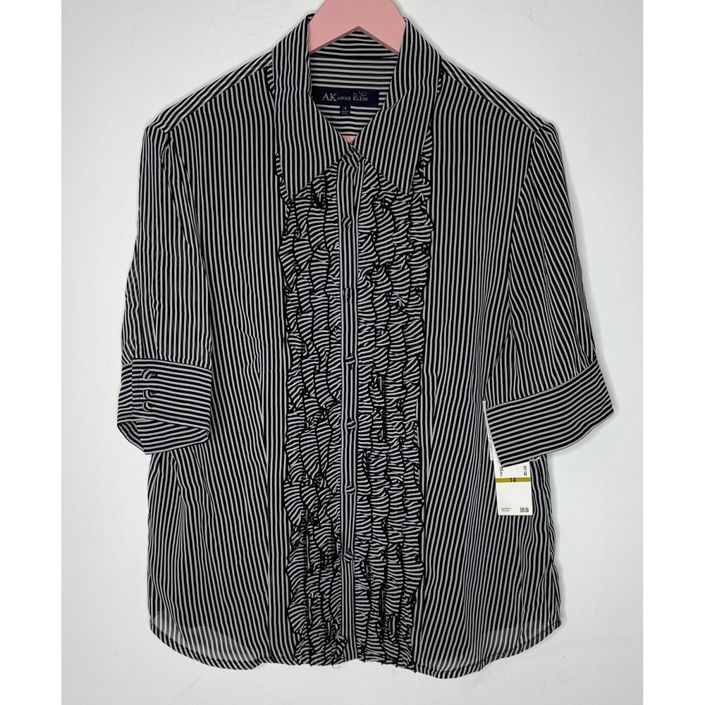 Anne Klein Women's Size 14 Classy Ruffled Columns Button Blouse Stripes